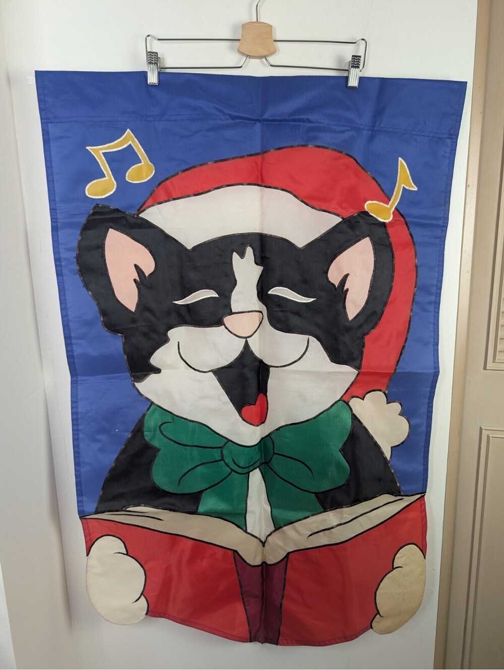 Vintage Black Cat Flag Christmas Caroling Singing Garden Outdoor Blue Red 27x44"